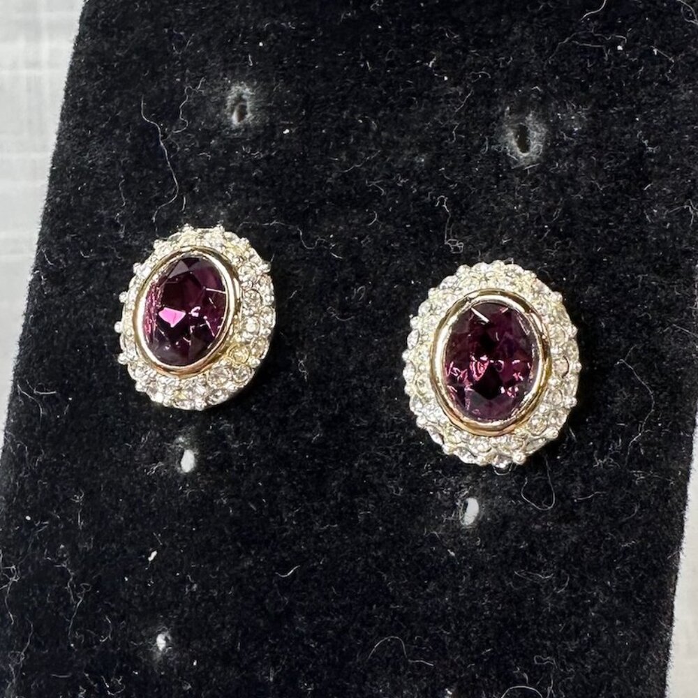 Vintage Napier Gold Tone Purple Stone Earrings with Clear Stone Halo